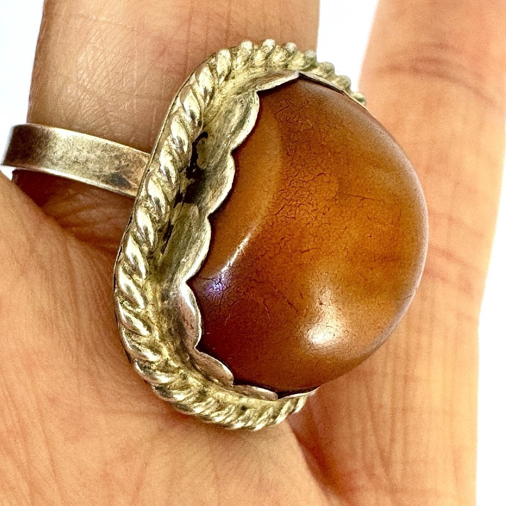 VTG‎ Navajo Agate Ring Sz 8 Harvey Era Sterling 8g Oval Unique Patina Amber
